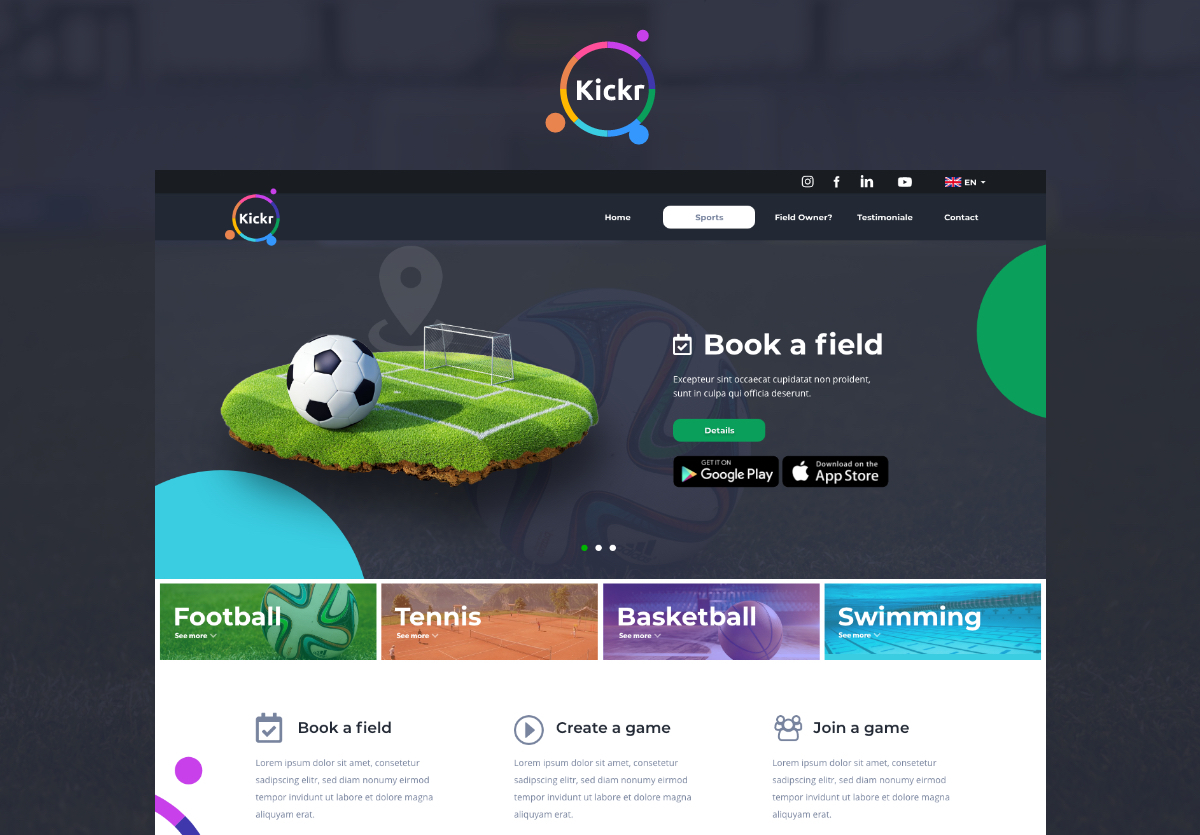 Kickr – Landing Page for Mobile App presentation 